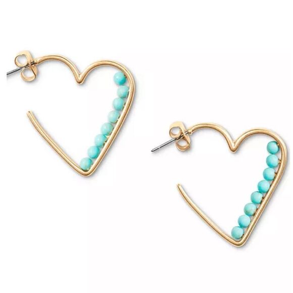LUCKY BRAND Gold-Tone Stone Beaded Heart Hoop Earrings NWT - Picture 2 of 7